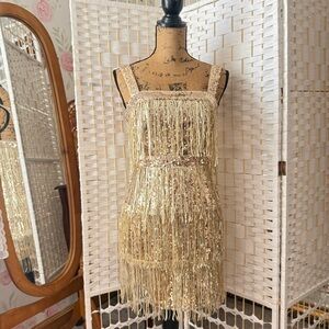 Gold Sequin Fringe Party Dress